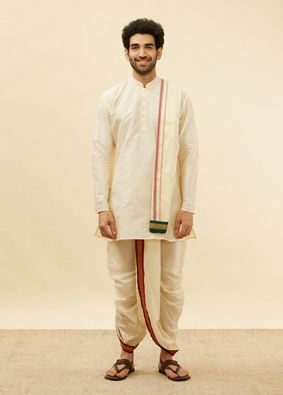 Manyavar Men Bright Cream Contrast Bordered Traditional South Indian Pancha Set image number 2