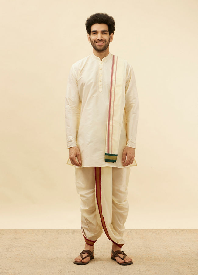 alt message - Manyavar Men Bright Cream Contrast Bordered Traditional South Indian Pancha Set image number 2