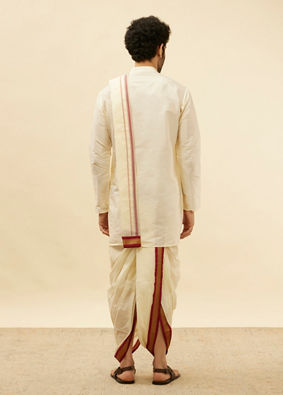 Manyavar Men Bright Cream Contrast Bordered Traditional South Indian Pancha Set image number 5