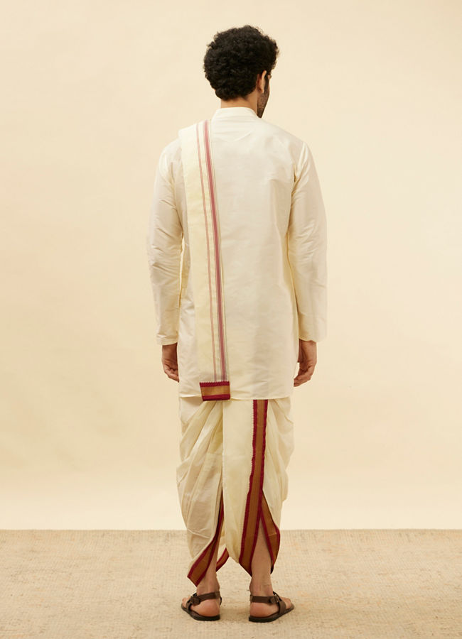 alt message - Manyavar Men Bright Cream Contrast Bordered Traditional South Indian Pancha Set image number 5