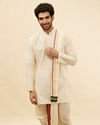 alt message - Manyavar Men Bright Cream Contrast Bordered Traditional South Indian Pancha Set image number 0