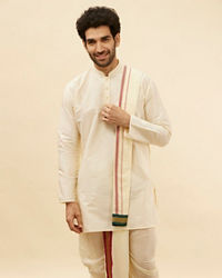 Manyavar Men Bright Cream Contrast Bordered Traditional South Indian Pancha Set