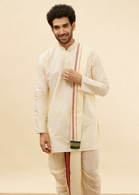 Manyavar Men Bright Cream Contrast Bordered Traditional South Indian Pancha Set image number 0