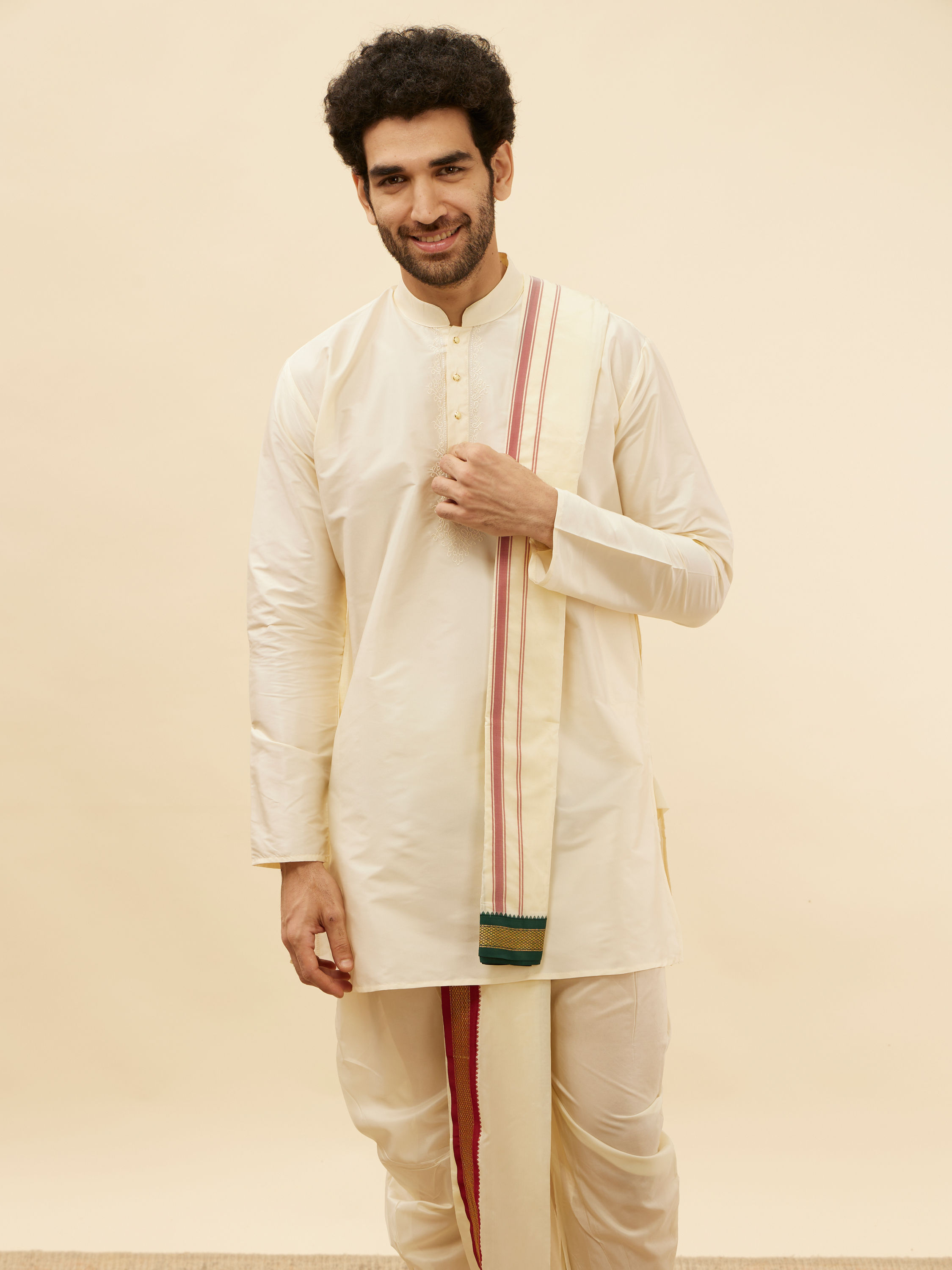 Manyavar Men Bright Cream Contrast Bordered Traditional South Indian Pancha Set