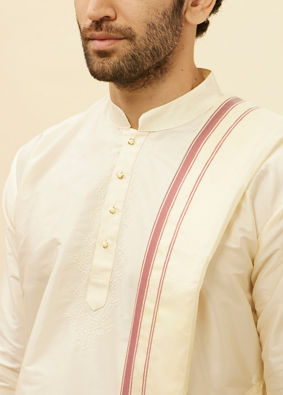 Manyavar Men Bright Cream Contrast Bordered Traditional South Indian Pancha Set image number 1