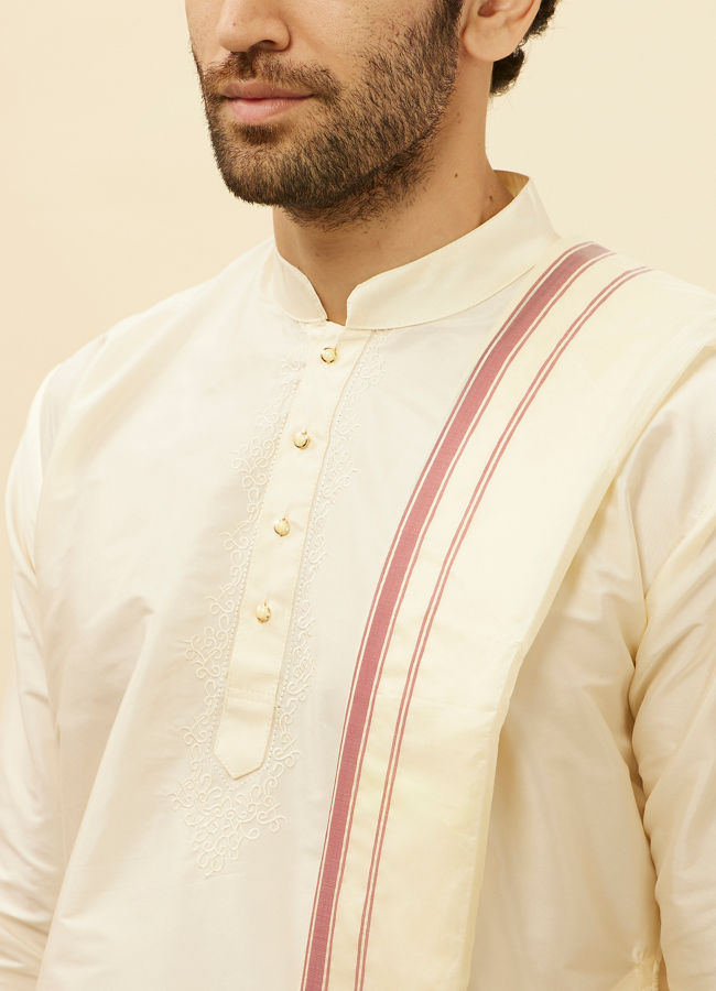 alt message - Manyavar Men Bright Cream Contrast Bordered Traditional South Indian Pancha Set image number 1