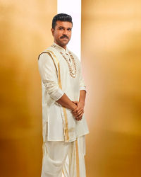 Manyavar Men Ivory White Traditional South Indian Kurta Pancha Set