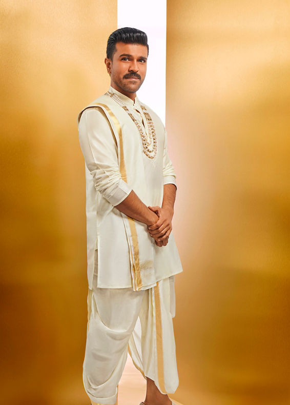 Manyavar Men Ivory White Traditional South Indian Kurta Pancha Set