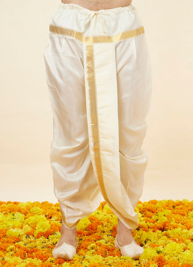 alt message - Manyavar Men Ivory White Traditional South Indian Kurta Pancha Set image number 5