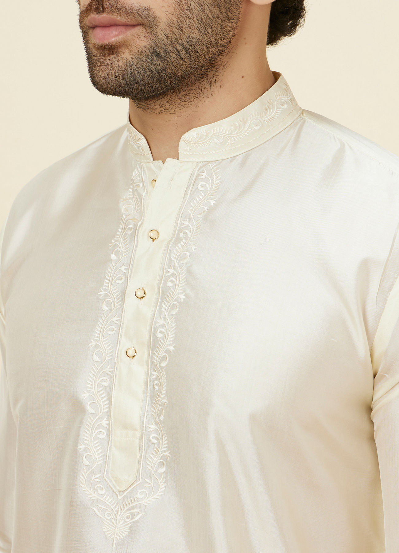 Manyavar Men Ivory White Traditional South Indian Kurta Pancha Set
