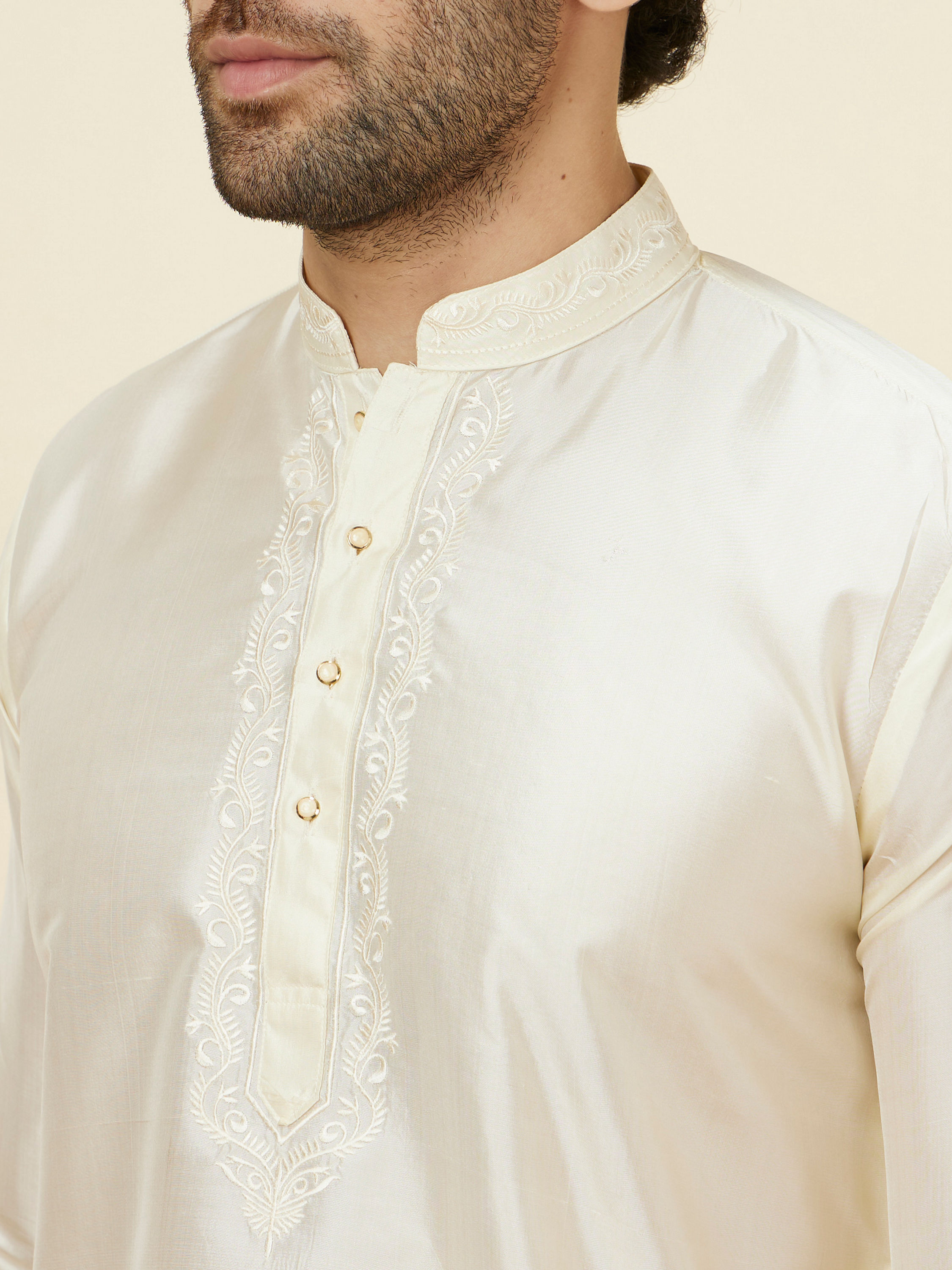 Manyavar Men Ivory White Traditional South Indian Kurta Pancha Set