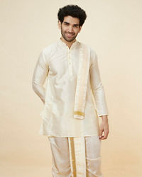 Manyavar Men Ivory White Traditional South Indian Kurta Pancha Set