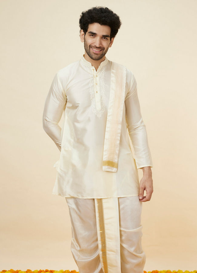 alt message - Manyavar Men Ivory White Traditional South Indian Kurta Pancha Set image number 1