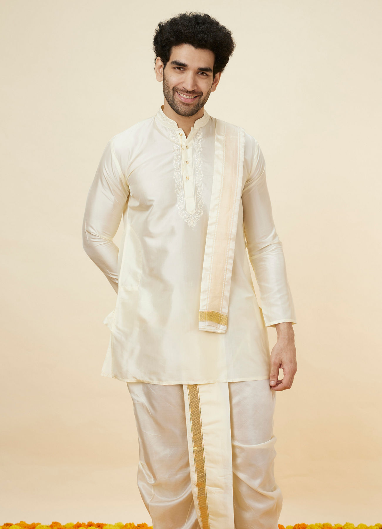 Manyavar Men Ivory White Traditional South Indian Kurta Pancha Set