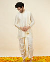 alt message - Manyavar Men Ivory White Traditional South Indian Kurta Pancha Set image number 3