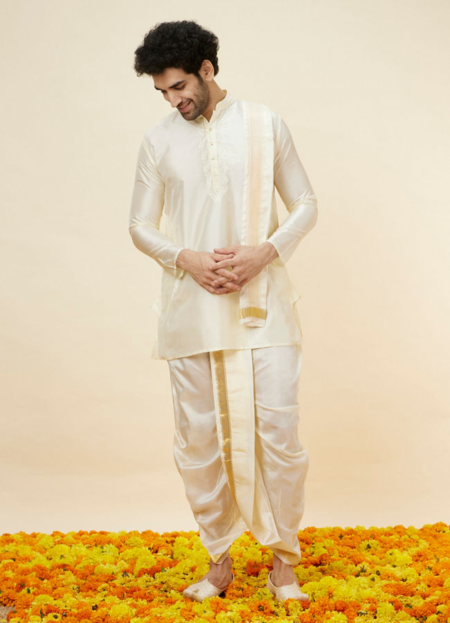Manyavar Men Ivory White Traditional South Indian Kurta Pancha Set