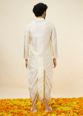 alt message - Manyavar Men Ivory White Traditional South Indian Kurta Pancha Set image number 6