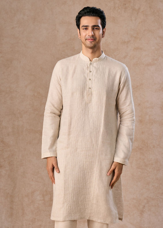 Manyavar Men Light Cream Linen Kurta