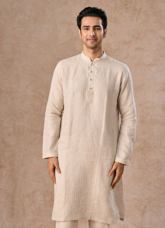 Manyavar Men Light Cream Linen Kurta