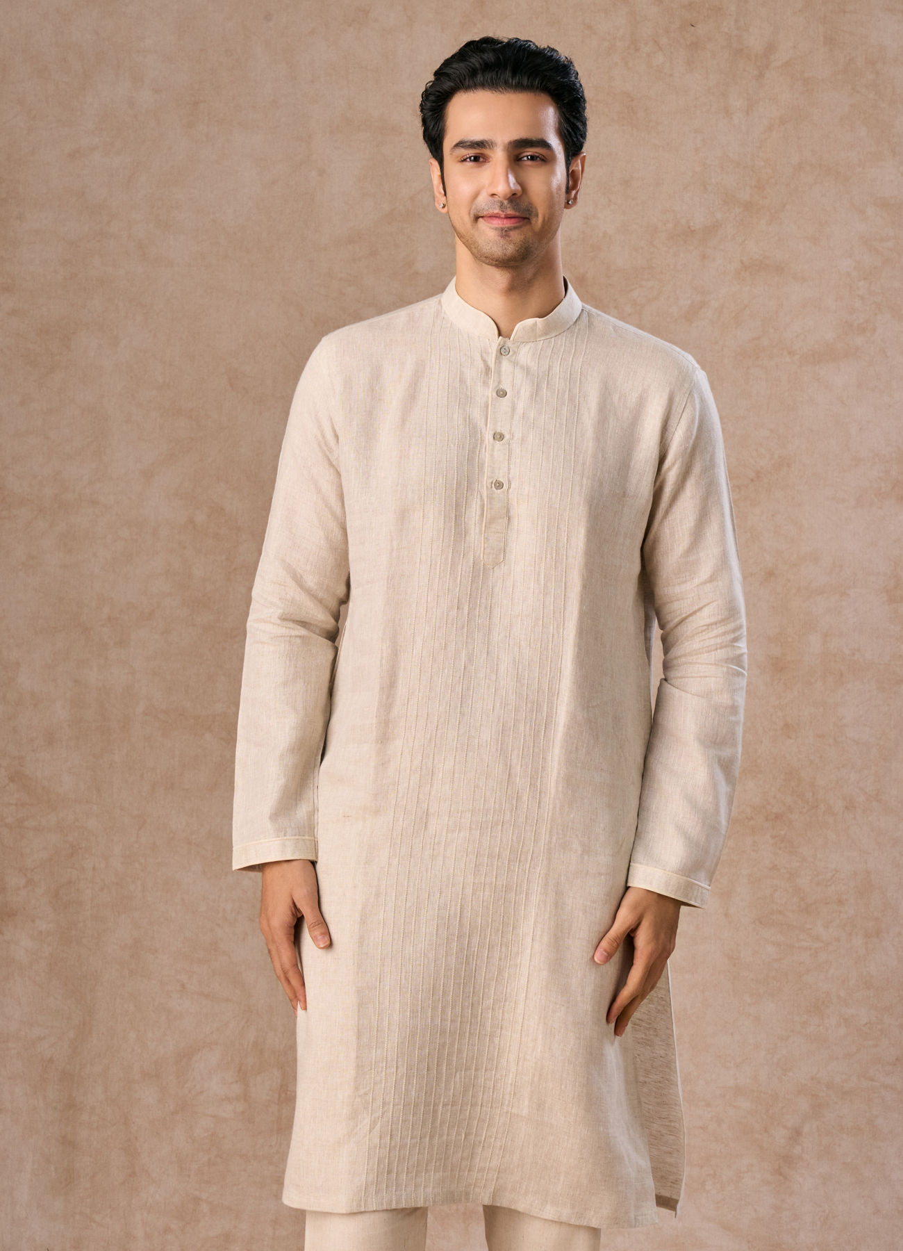 Manyavar Men Light Cream Linen Kurta