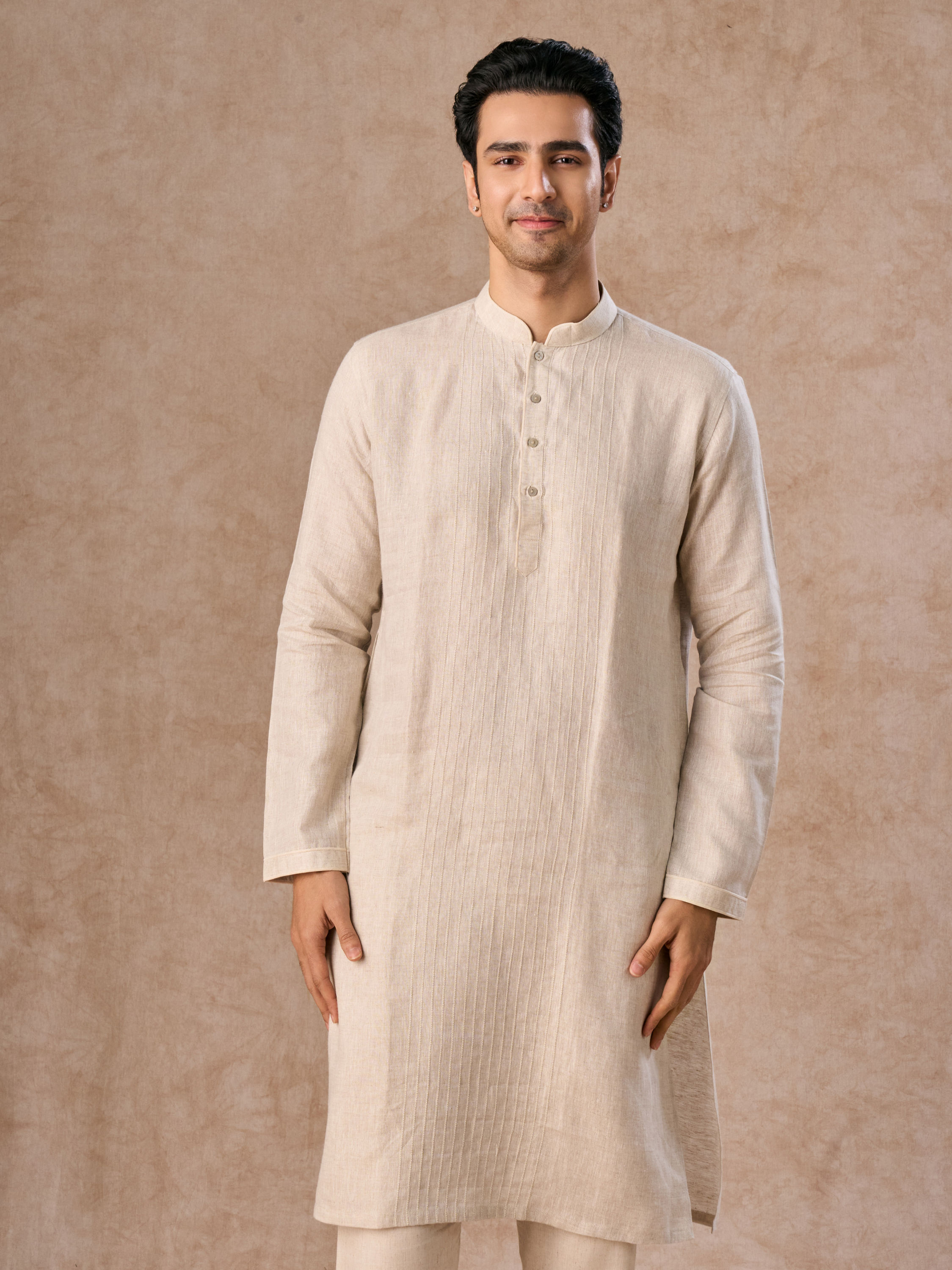 Manyavar Men Light Cream Linen Kurta