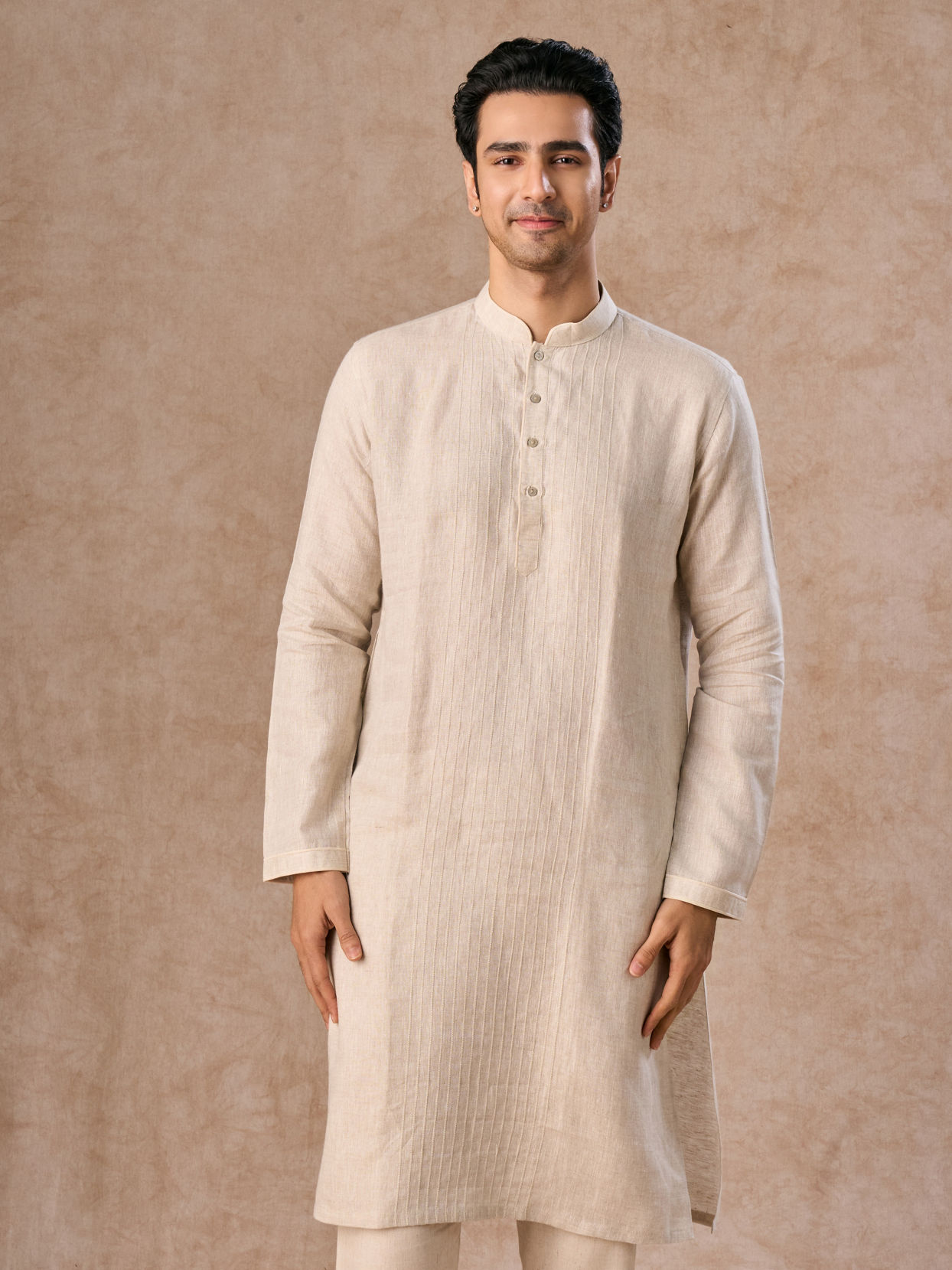 Manyavar Men Light Cream Linen Kurta
