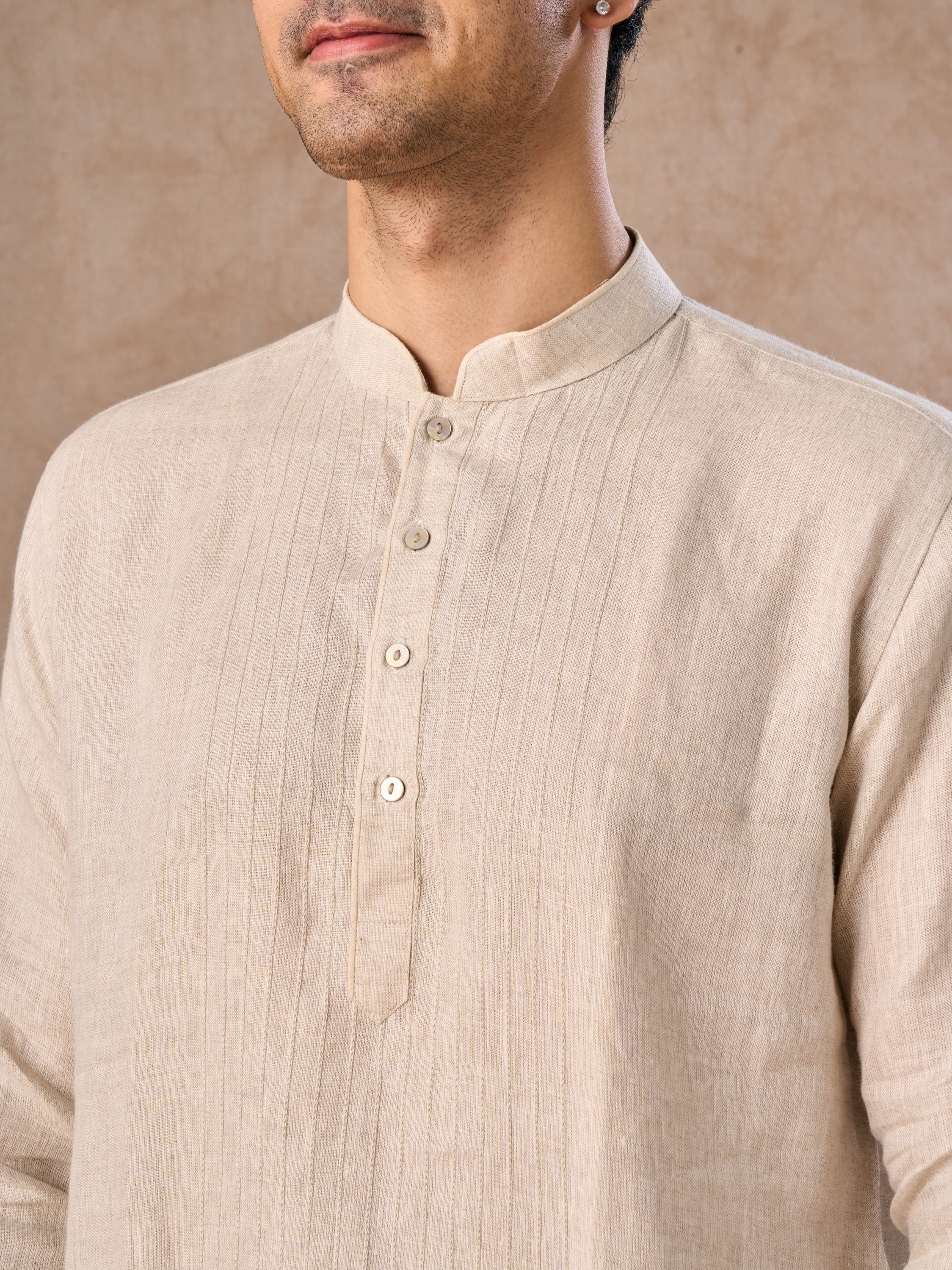 Manyavar Men Light Cream Linen Kurta