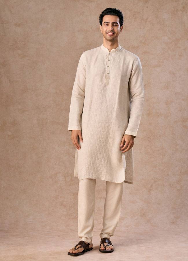 Manyavar Men Light Cream Linen Kurta