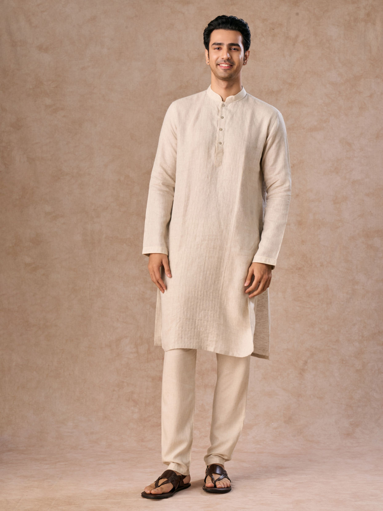 Manyavar Men Light Cream Linen Kurta