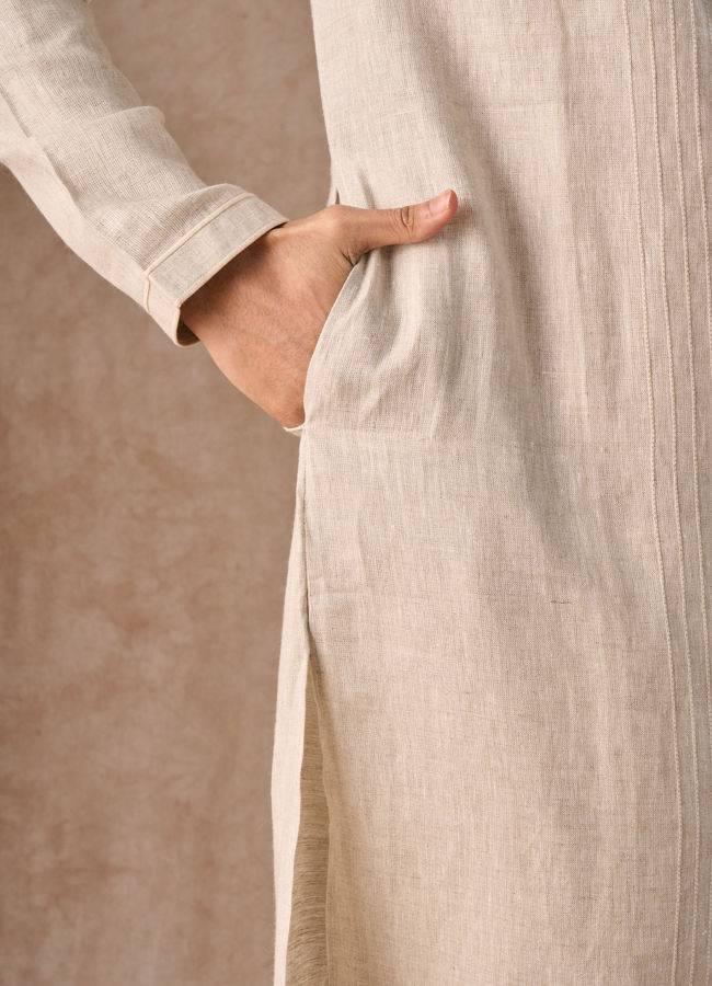 Manyavar Men Light Cream Linen Kurta