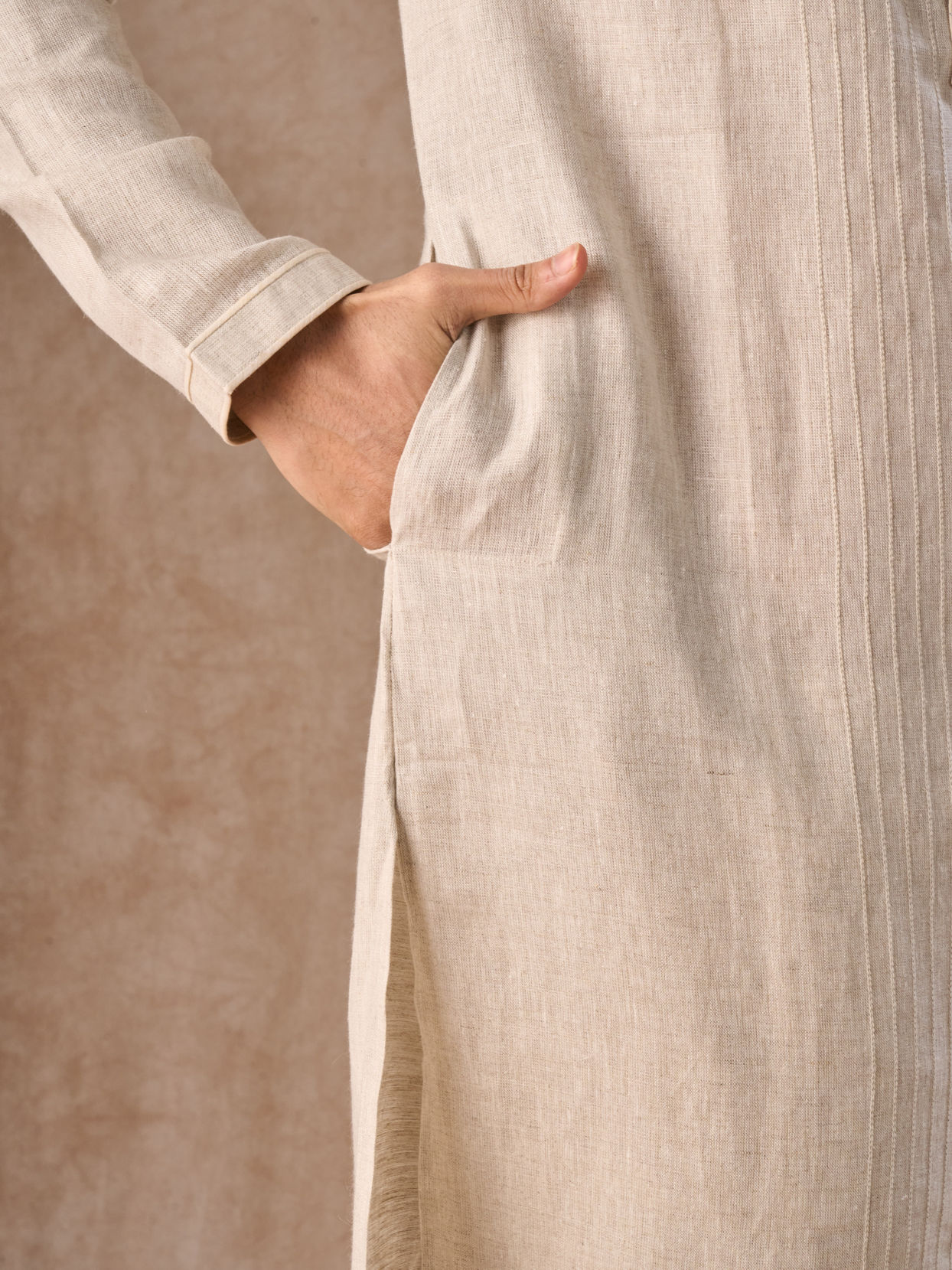 Manyavar Men Light Cream Linen Kurta
