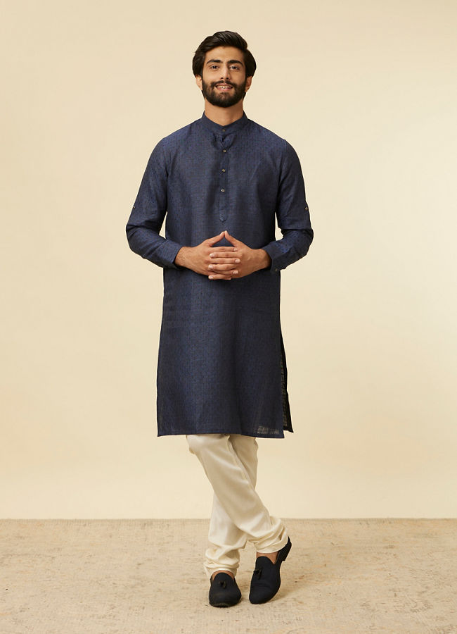 alt message - Manyavar Men Dark Blue Self Patterned Kurta image number 2