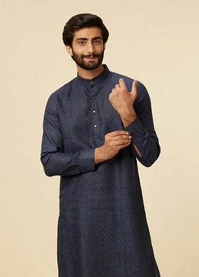 alt message - Manyavar Men Dark Blue Self Patterned Kurta image number 0