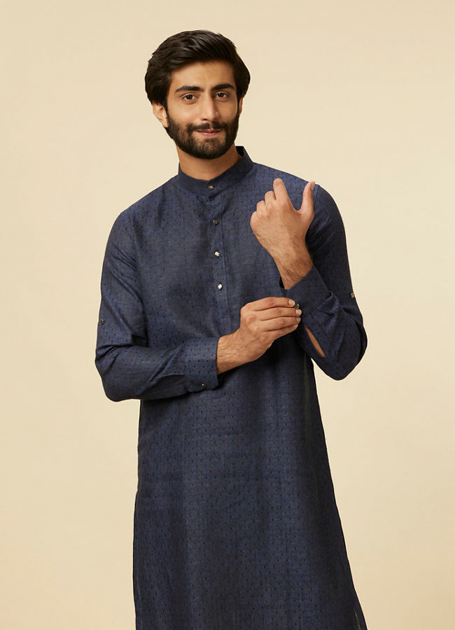 alt message - Manyavar Men Dark Blue Self Patterned Kurta image number 0