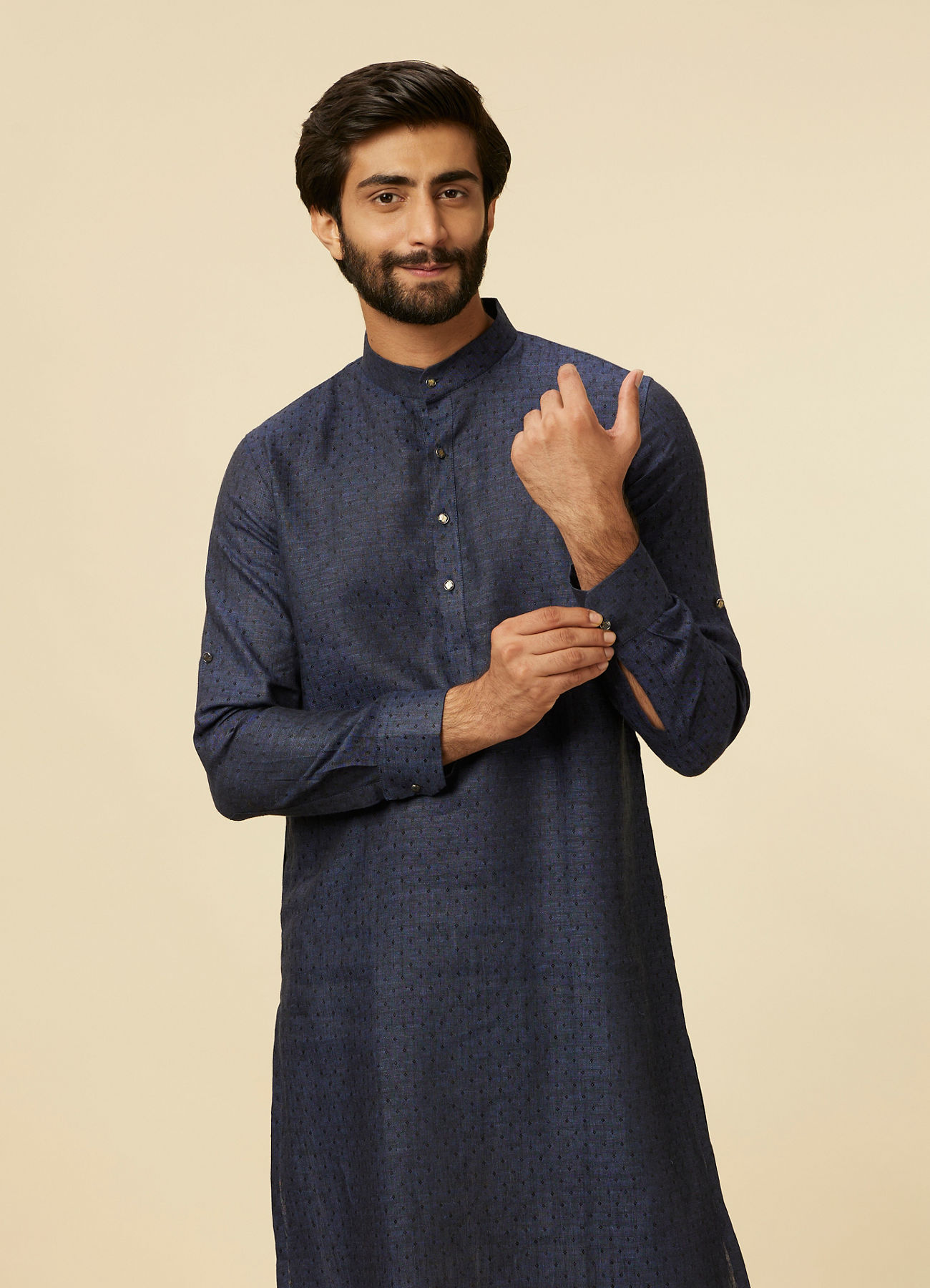 Manyavar Men Dark Blue Self Patterned Kurta