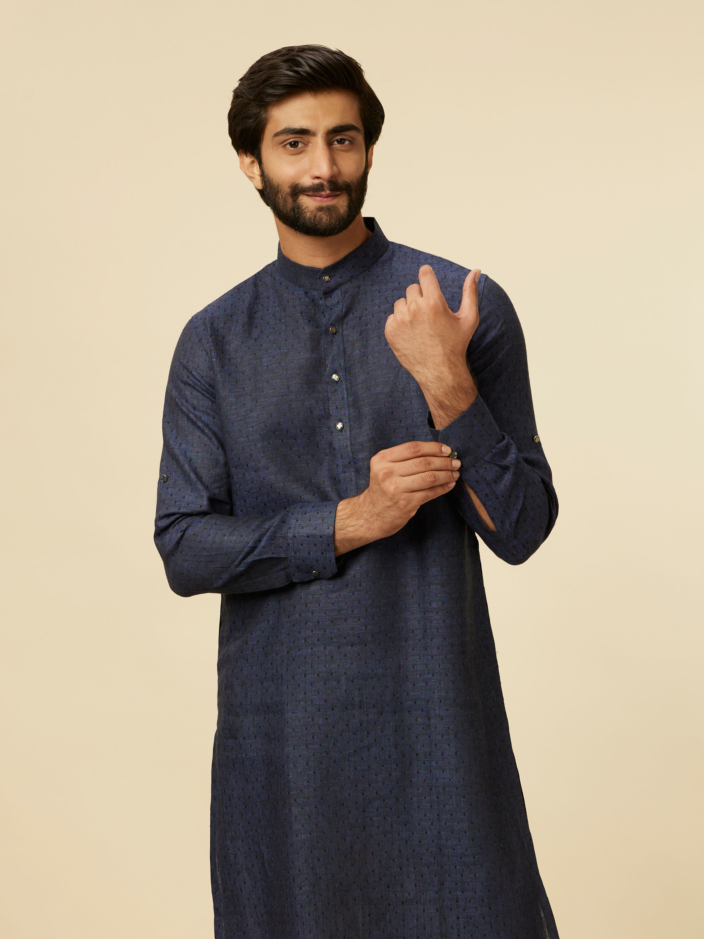 Manyavar Men Dark Blue Self Patterned Kurta