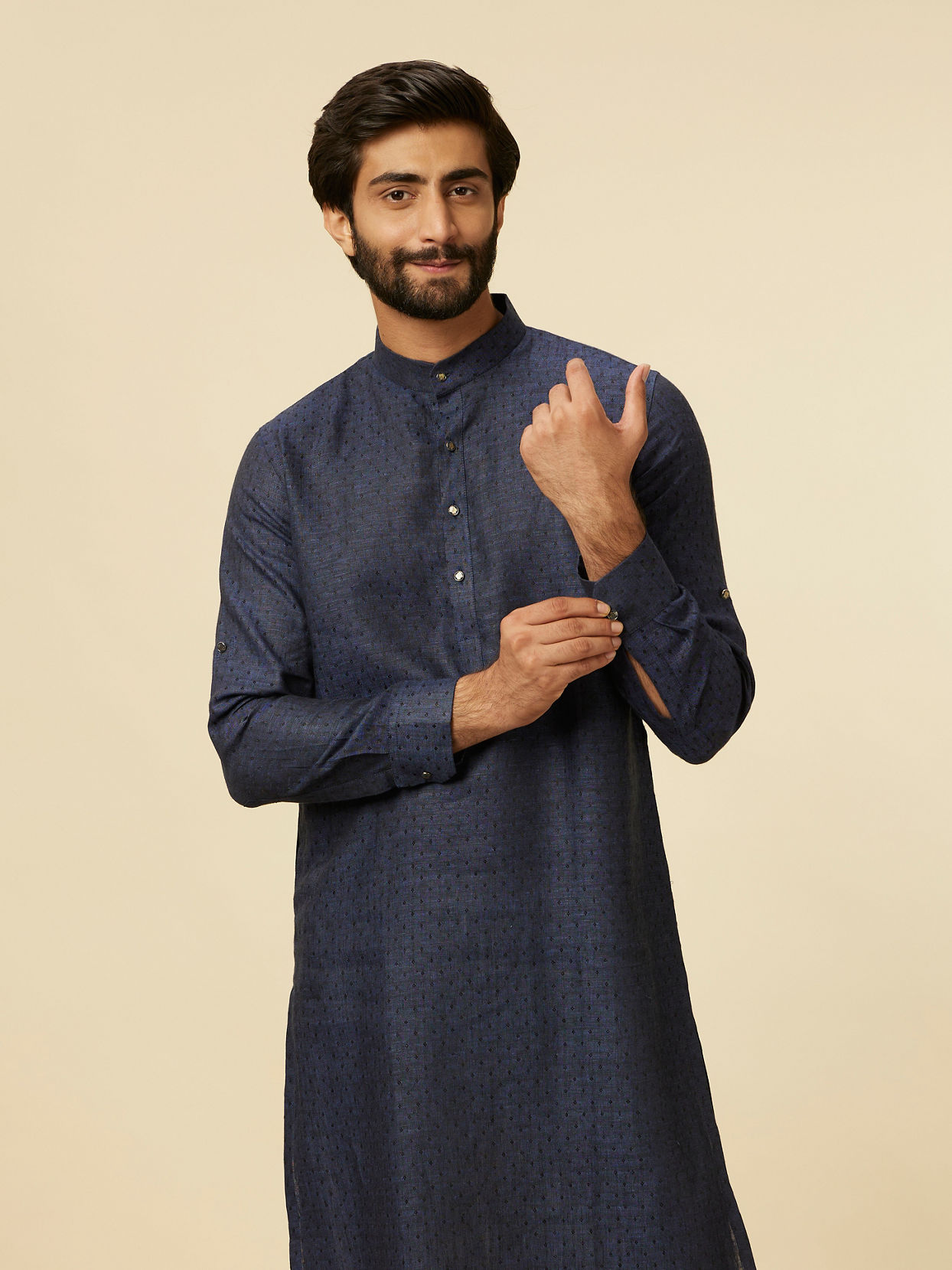 alt message - Manyavar Men Dark Blue Self Patterned Kurta image number 0