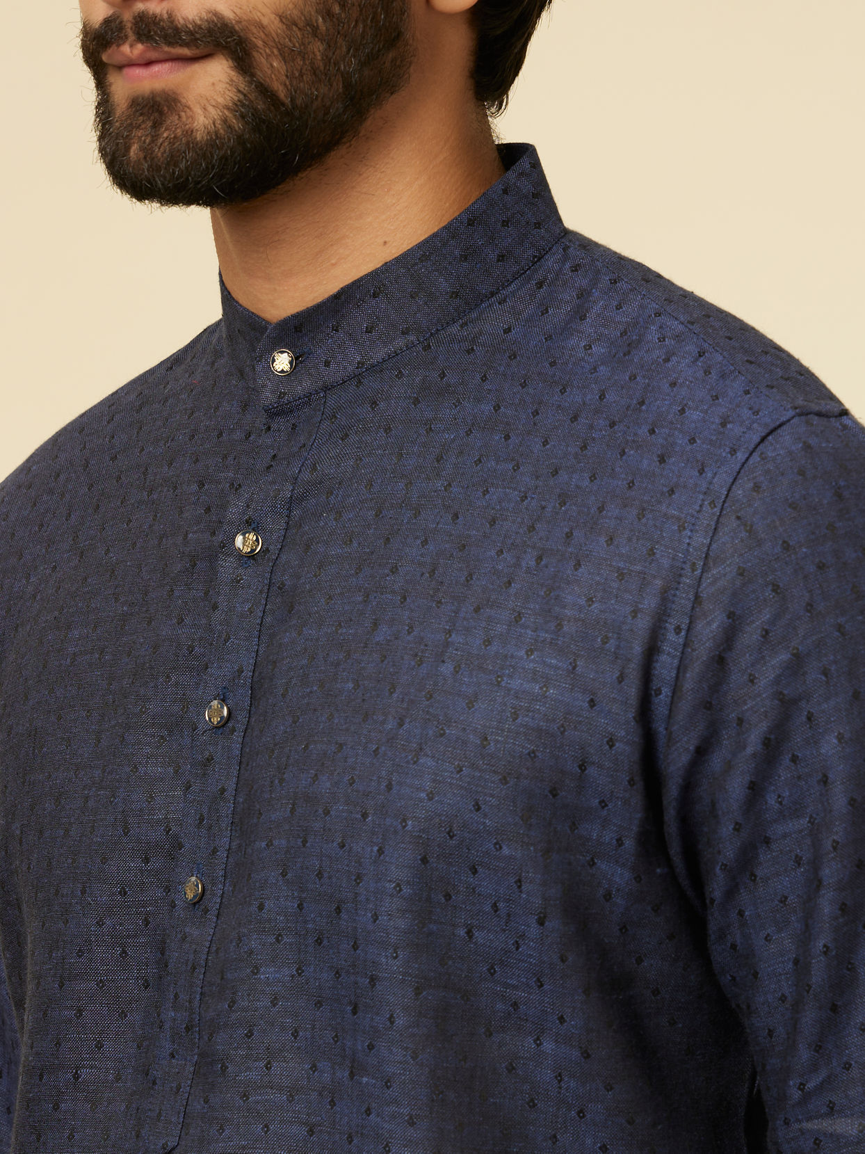 alt message - Manyavar Men Dark Blue Self Patterned Kurta image number 1