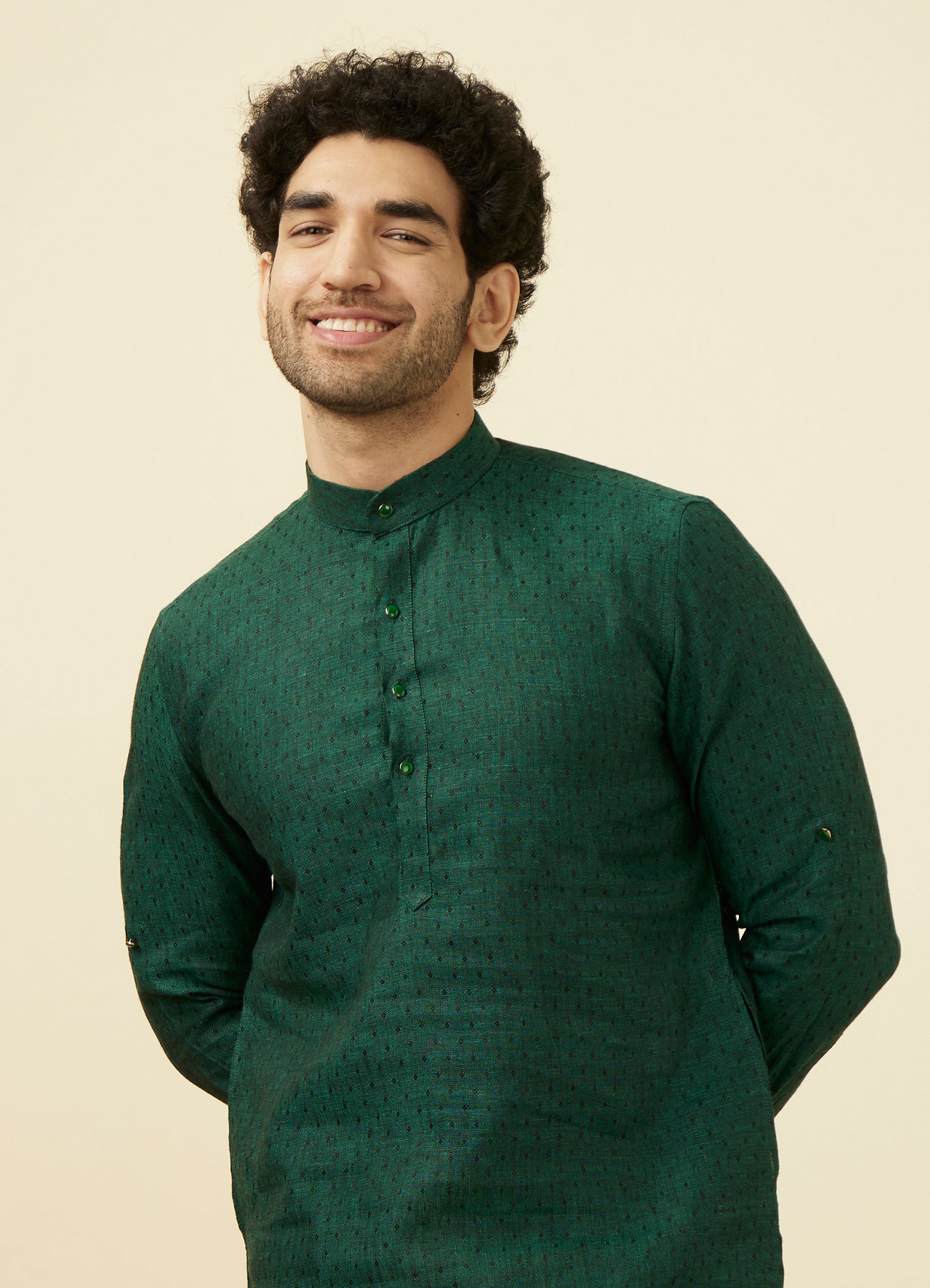 Manyavar Men Moss Green Self Patterned Kurta