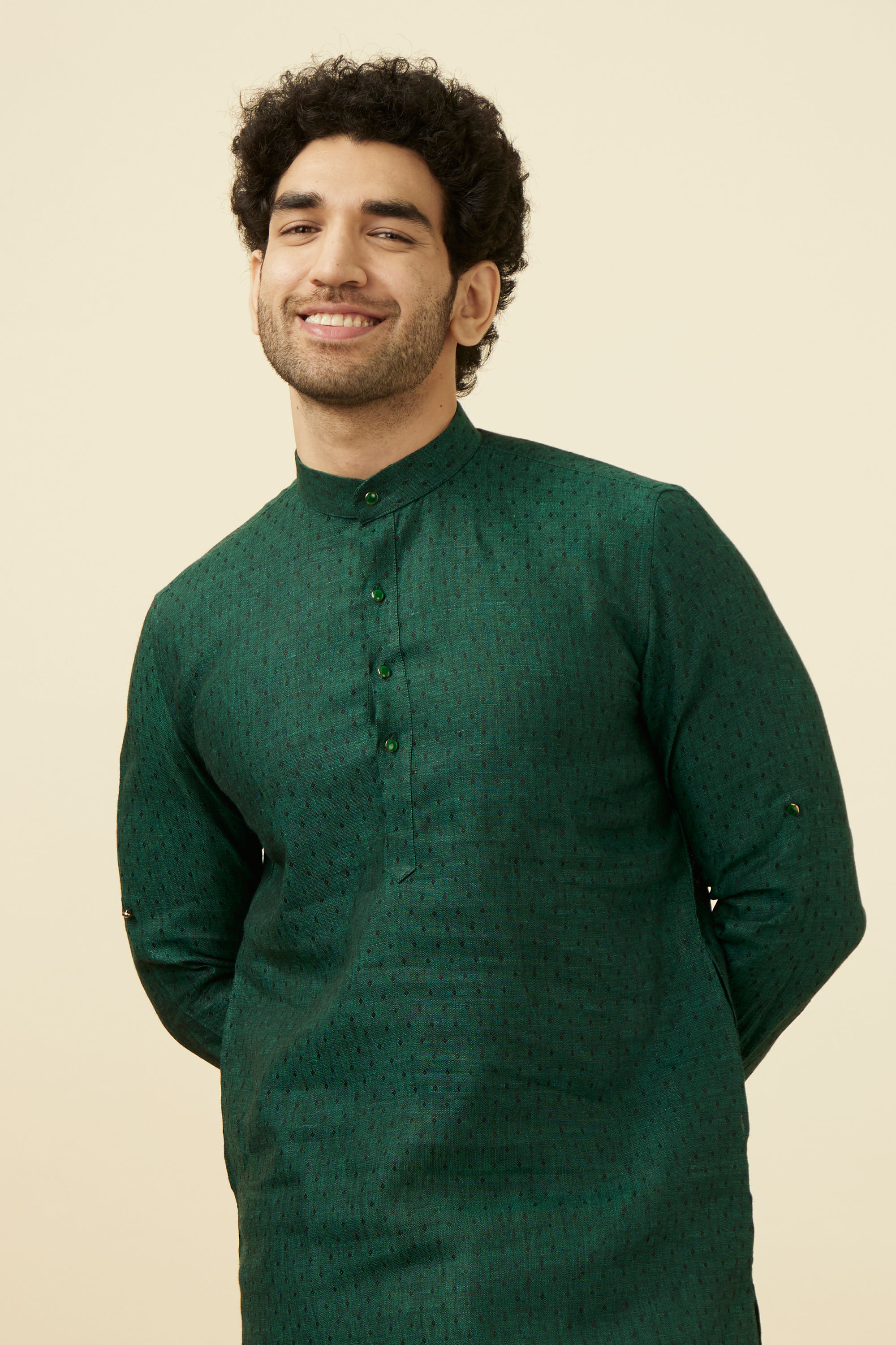 Manyavar Men Moss Green Self Patterned Kurta