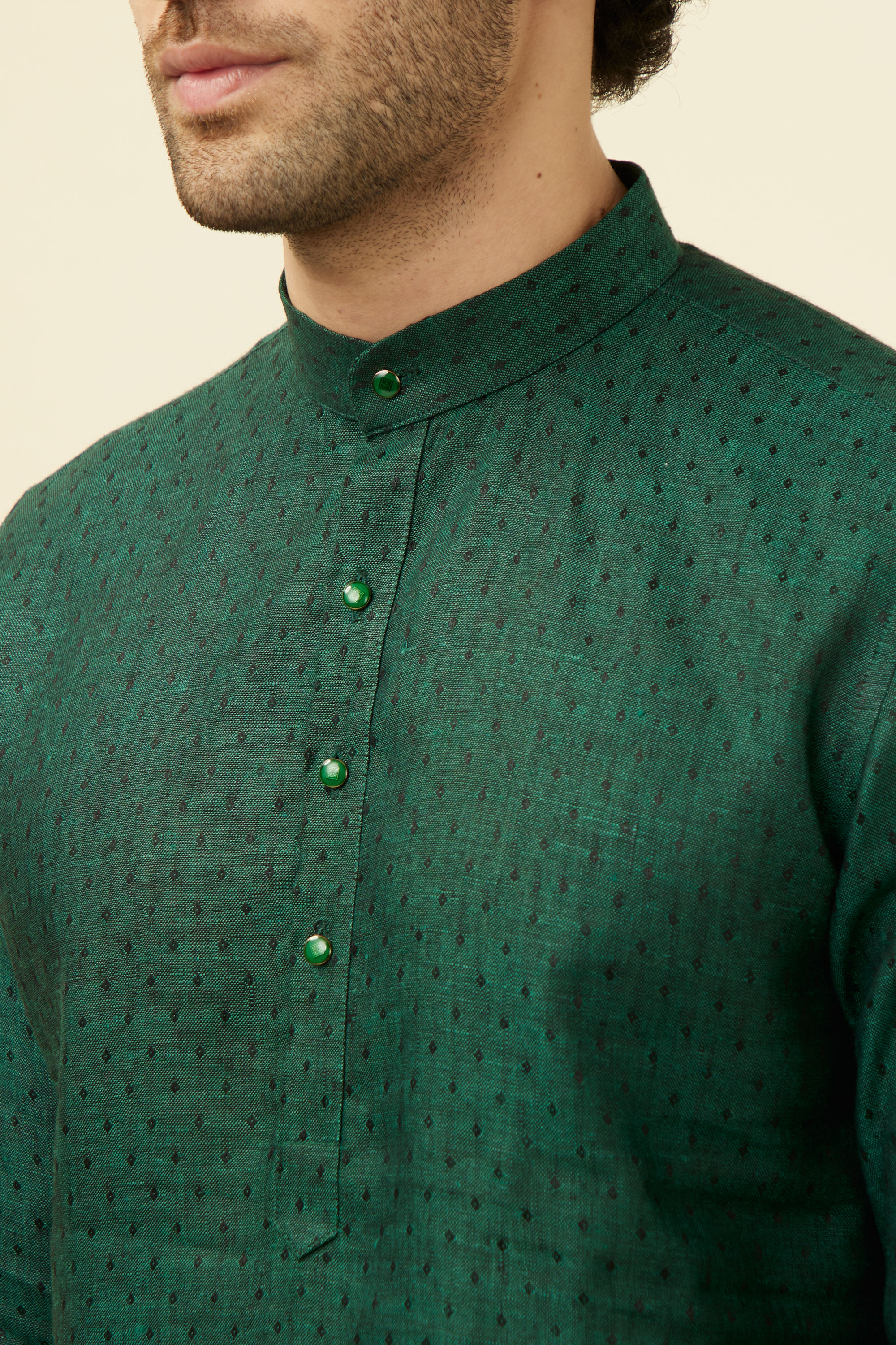 Manyavar Men Moss Green Self Patterned Kurta