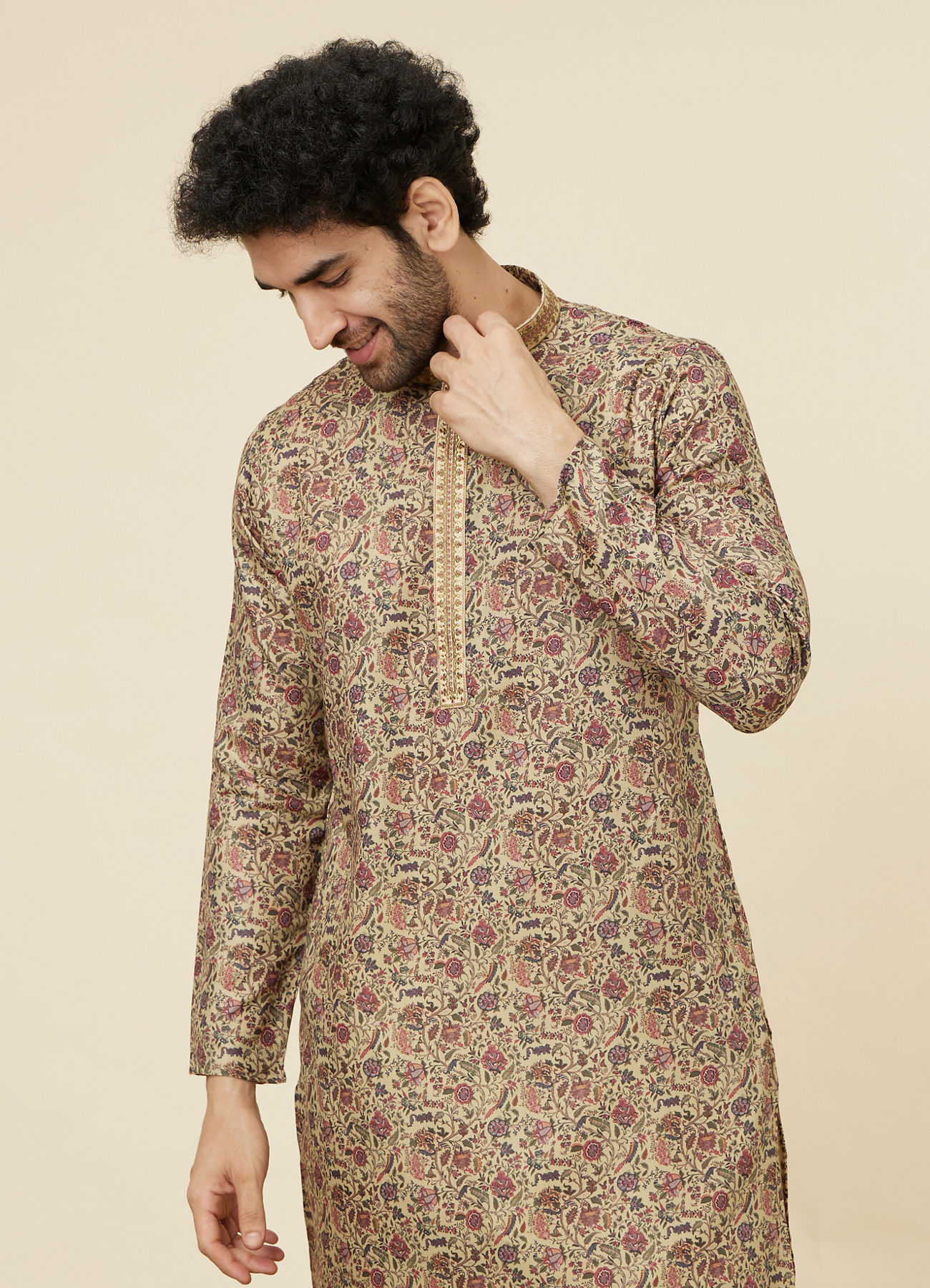 Manyavar Men Biscuit Beige Botanical Printed Kurta Set