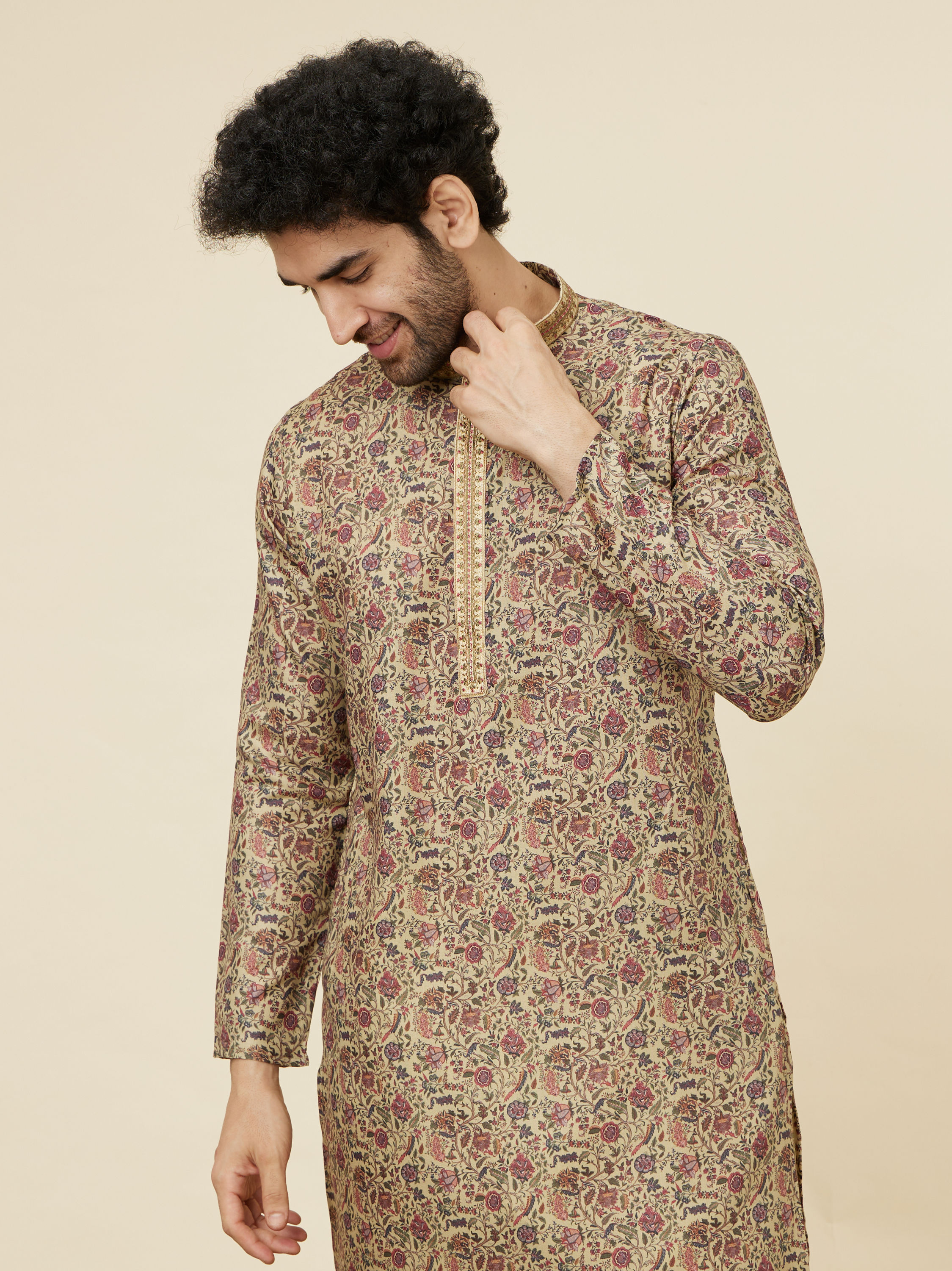 Manyavar Men Biscuit Beige Botanical Printed Kurta Set