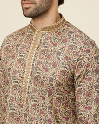 Manyavar Men Biscuit Beige Botanical Printed Kurta Set