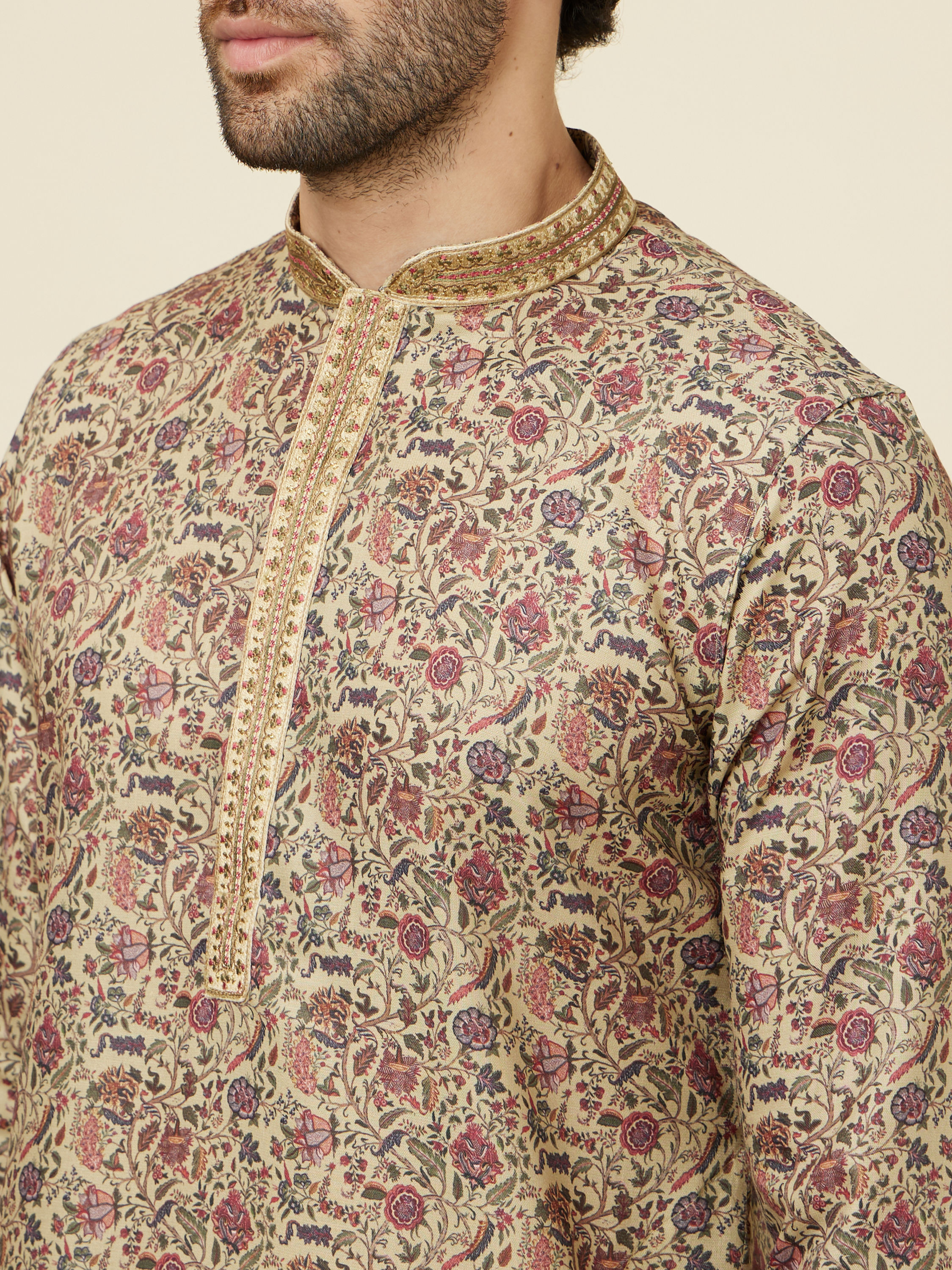 Manyavar Men Biscuit Beige Botanical Printed Kurta Set