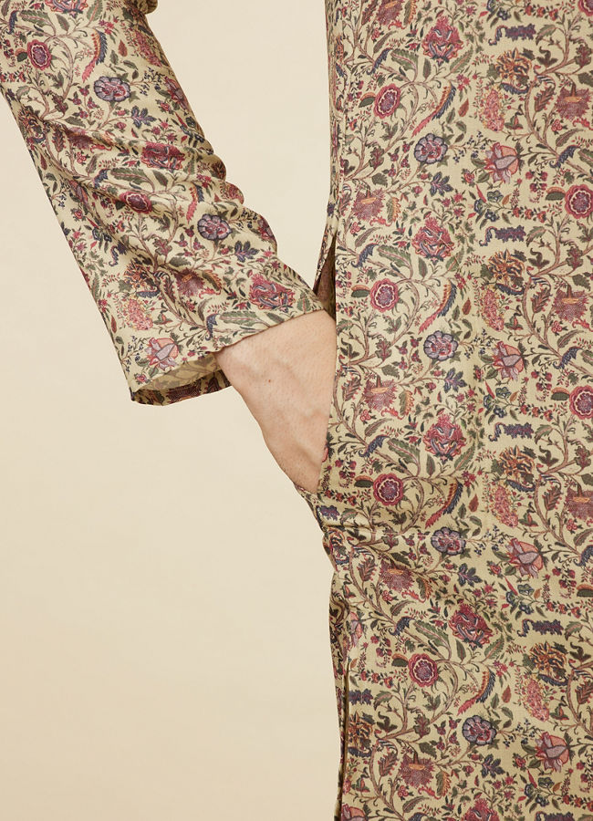 Manyavar Men Biscuit Beige Botanical Printed Kurta Set