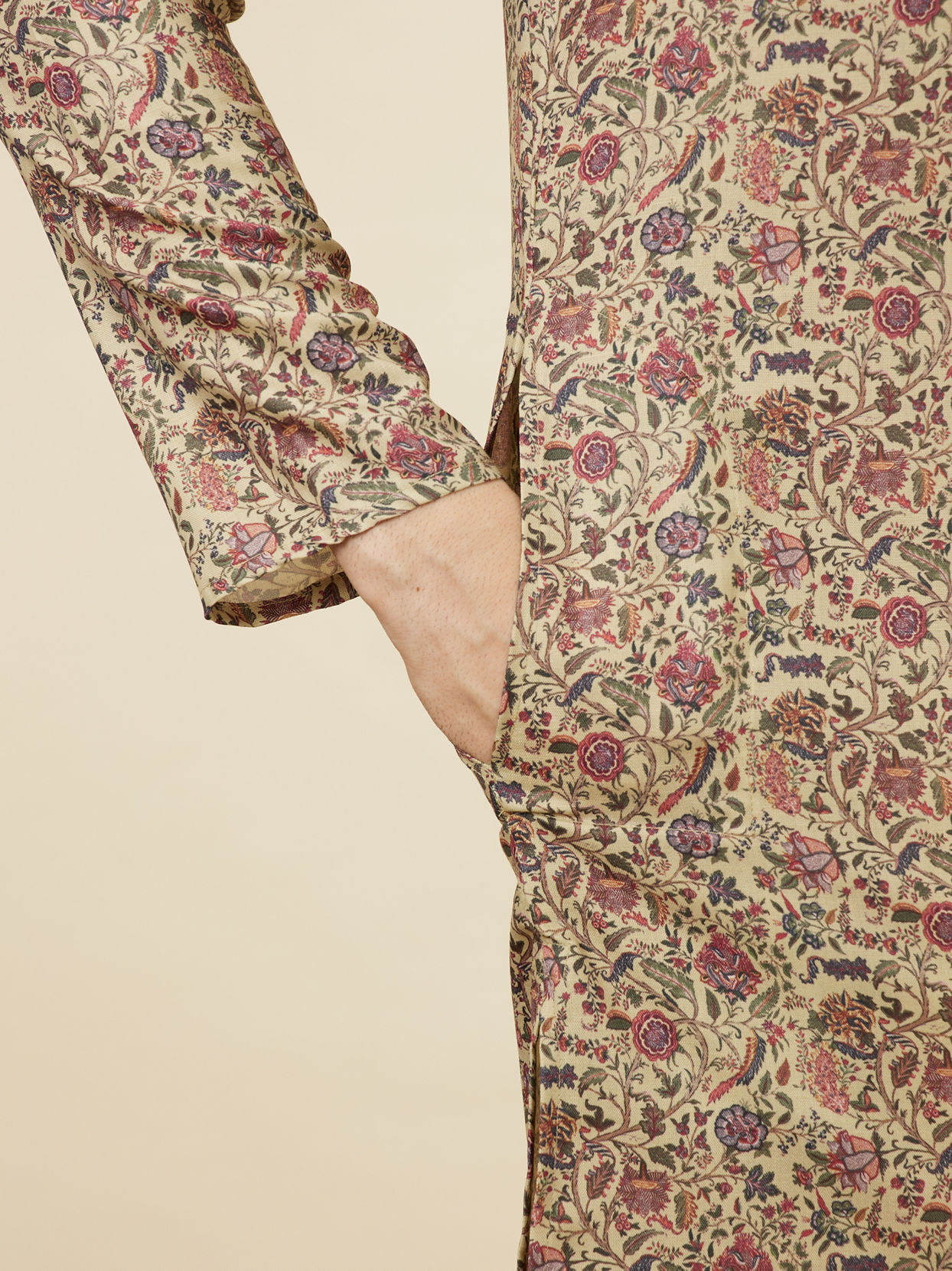 Manyavar Men Biscuit Beige Botanical Printed Kurta Set