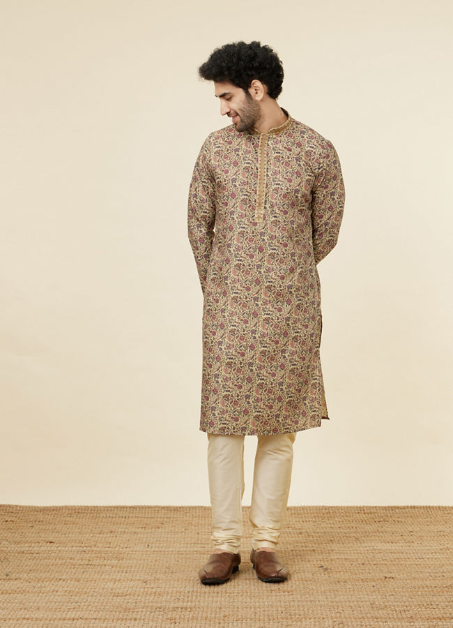 Manyavar Men Biscuit Beige Botanical Printed Kurta Set
