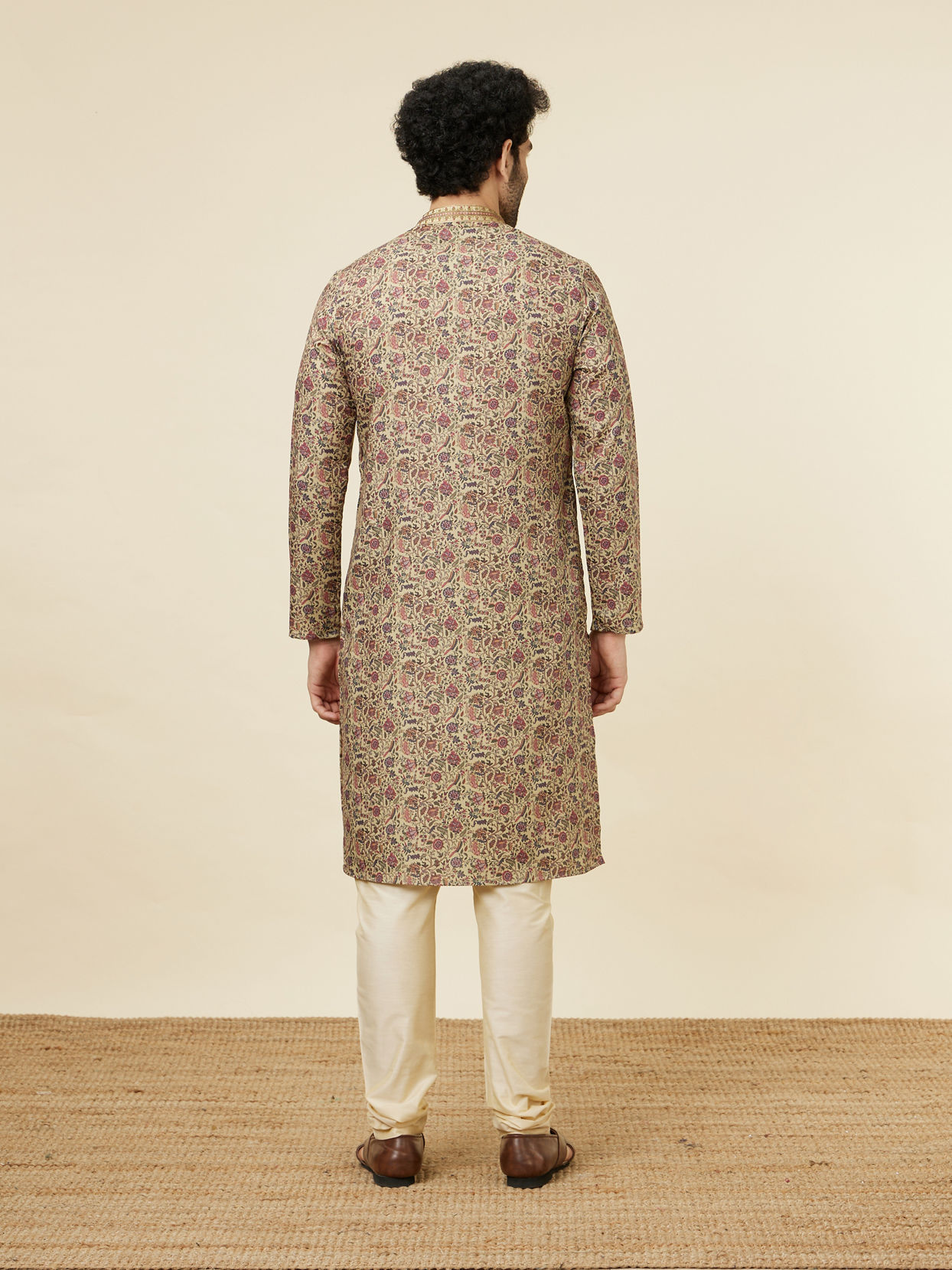 Manyavar Men Biscuit Beige Botanical Printed Kurta Set
