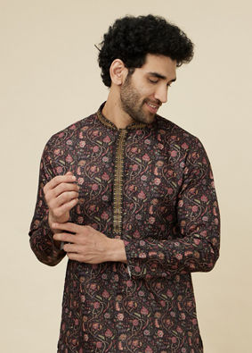 Champagne Black Botanical Printed Kurta Set image number 0